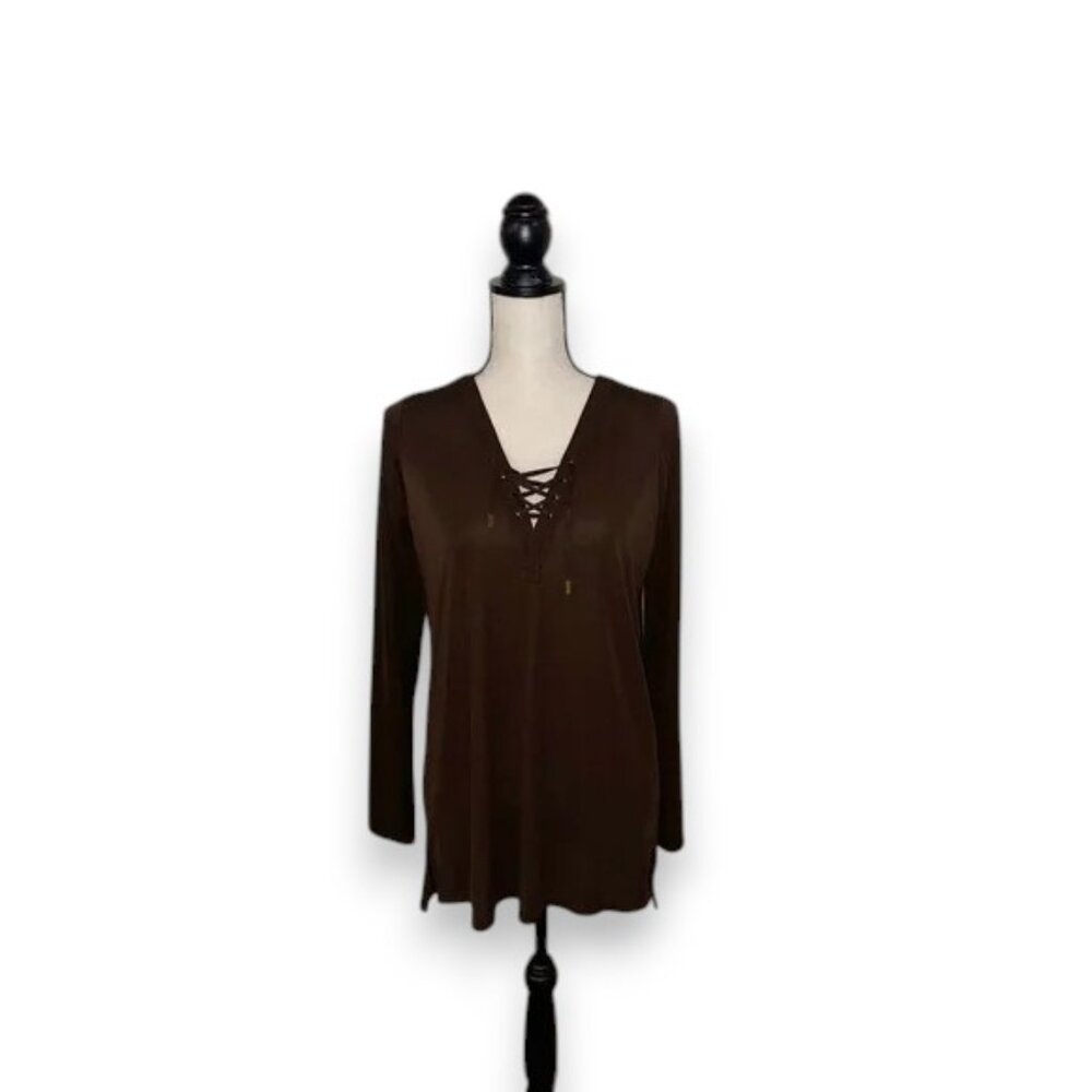 4/$13 Ralph Lauren Brown Tie Front Tunic with V-Neck